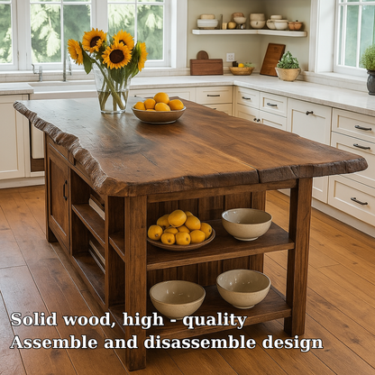 Live Edge Solid Wood Kitchen Island with Storage Shelves – Rustic Farmhouse