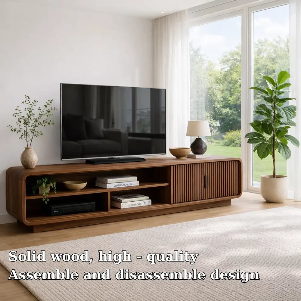 Solid Wood TV Cabinet with Slatted Doors – Modern Walnut Media Console Kitchnce