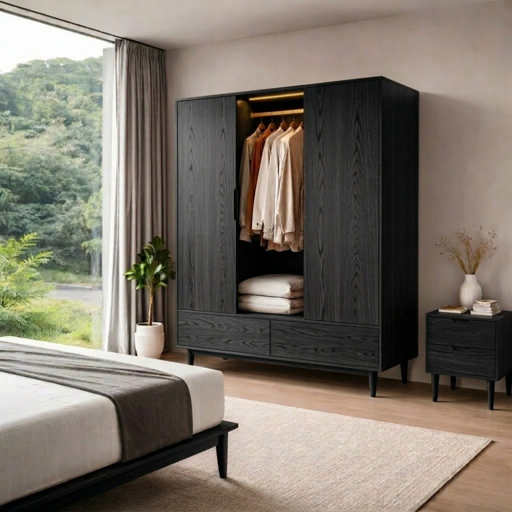 Solid Wood Wardrobe with Drawers – Mid Century Bedroom Closet