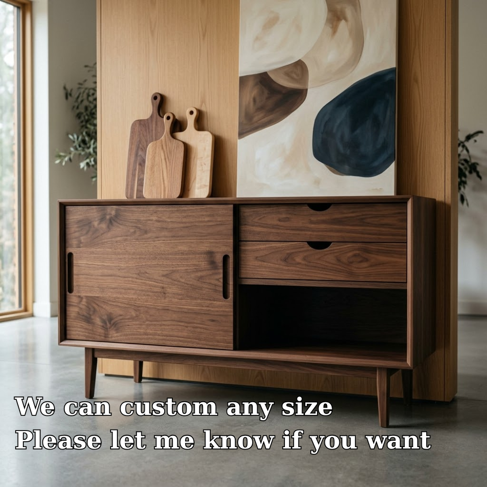 Mid Century Solid Wood Console Cabinet with Sliding Door and Drawers