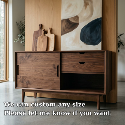 Mid Century Solid Wood Console Cabinet with Sliding Door and Drawers