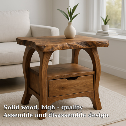 Handcrafted Solid Wood End Table with Drawer – Live Edge Organic Side Table Kitchnce