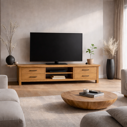 Solid Wood TV Stand with Drawers and Open Shelf Modern Rustic Entertainment Center