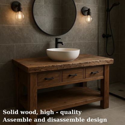Solid Wood Bathroom Vanity Rustic Single Sink Farmhouse with Drawers and Shelf