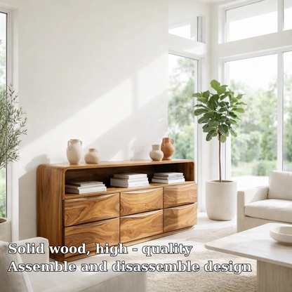 Solid Wood Sideboard Console with Wave Drawers & Open Shelf Storage Cabinet