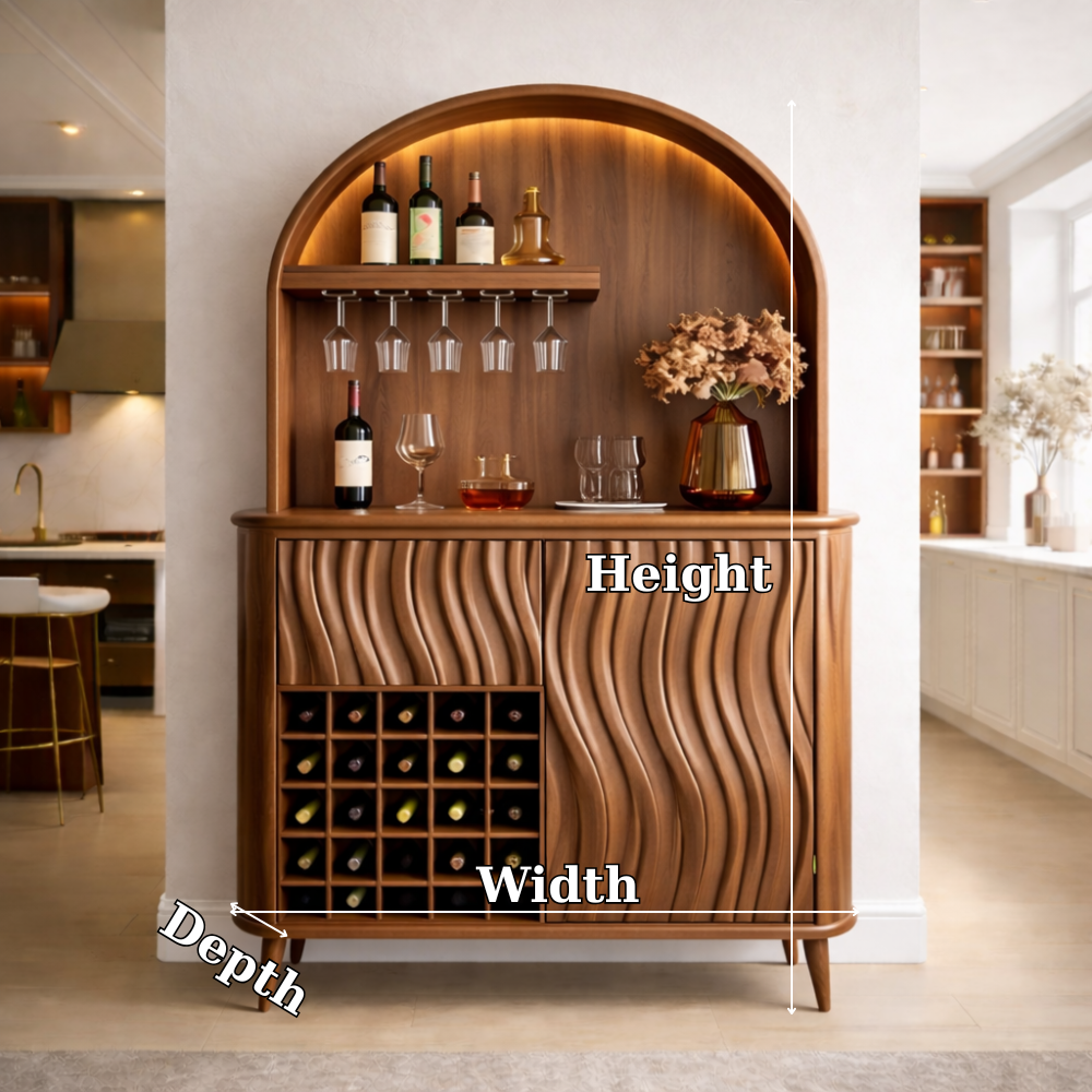 Solid Wood Bar Cabinet with Arched Display, Wine Rack & Wave Panel Doors