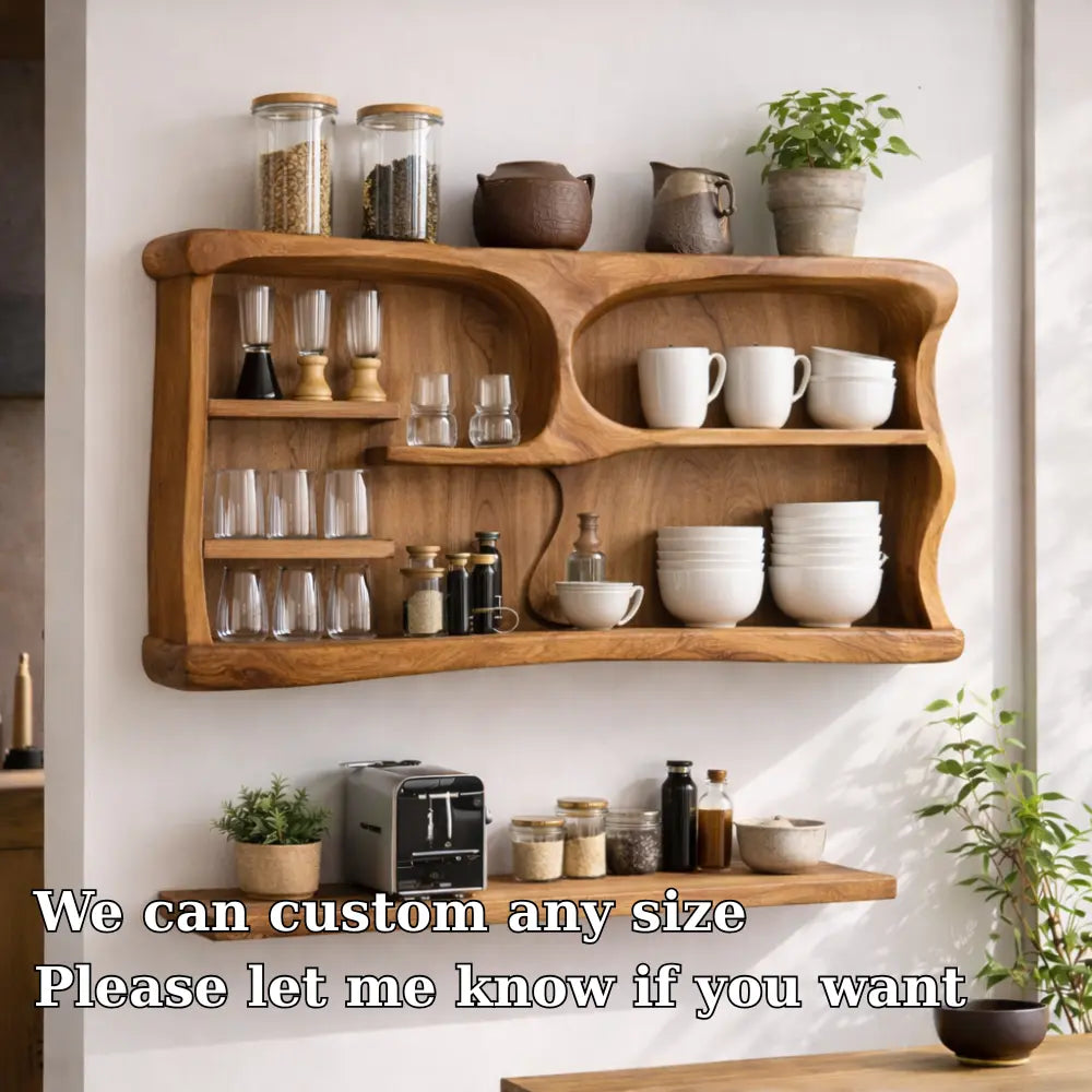 Solid Wood Kitchen Cabinet Shelf – Modern Open Wall Storage with Curved Design Kitchnce