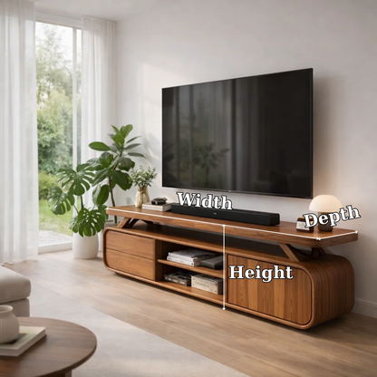Modern Solid Wood TV Console with Curved Edges & Open Shelf Storage