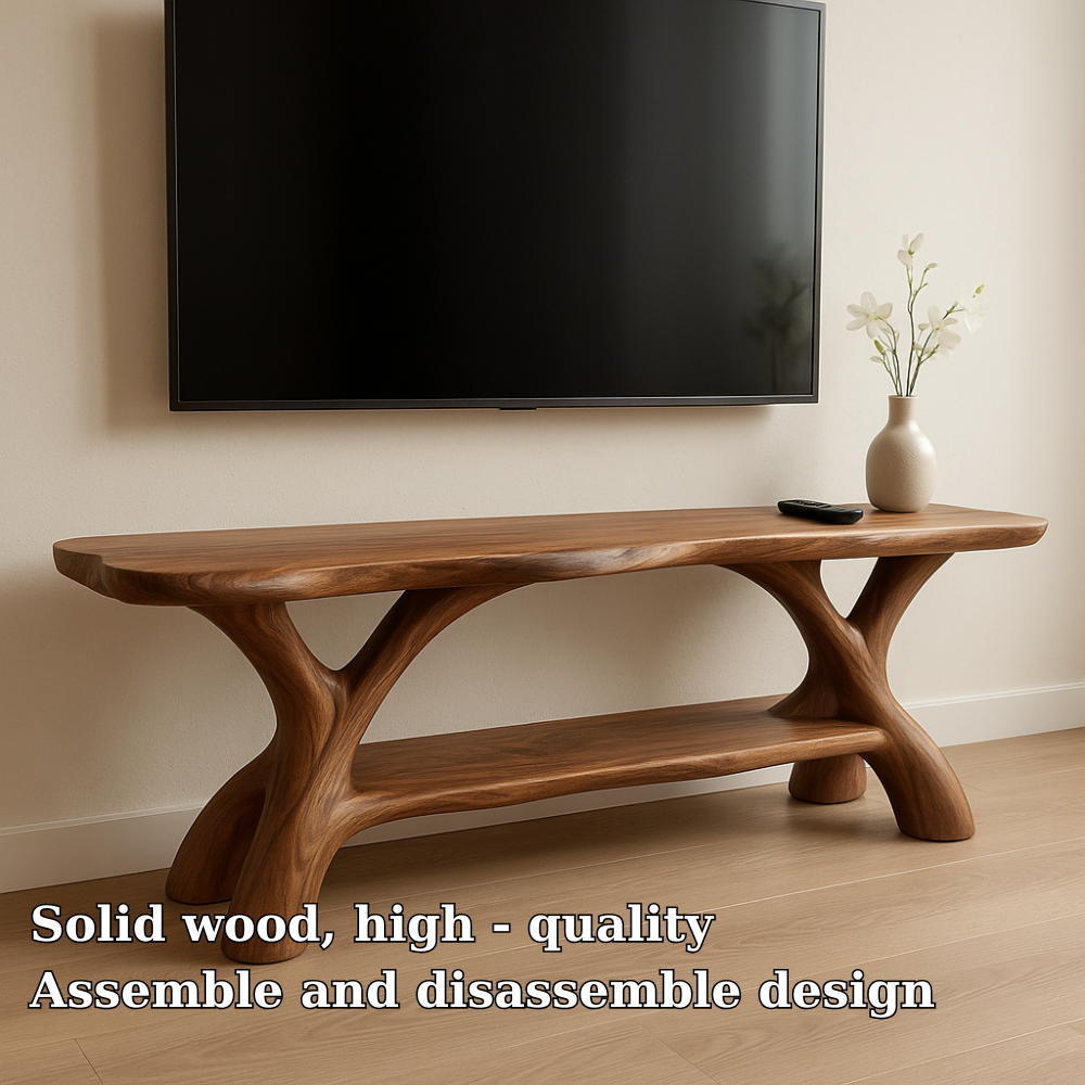 Handcrafted Solid Wood TV Stand – Sculptural Organic Design with Smooth Natural Finish Kitchnce