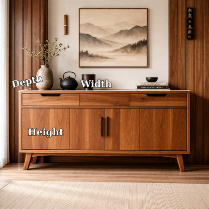 Mid-Century Solid Wood Console Cabinet with 2 Drawers and 4 Doors Storage