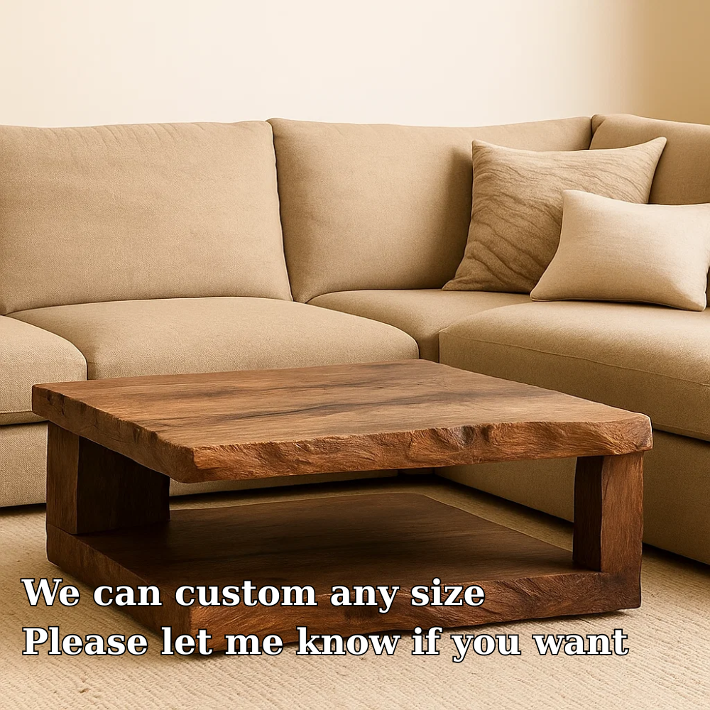 Handcrafted Solid Wood Coffee Table – Rustic Square Design with Natural Texture and Shelf Kitchnce
