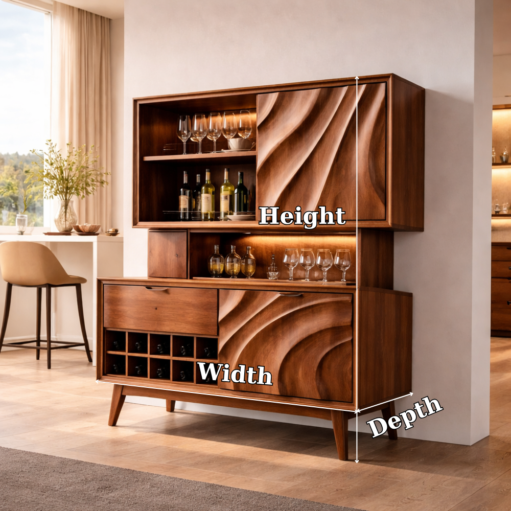Solid Wood Bar Cabinet with Wine Rack & Sculpted Doors – Modern Mid Century Liquor Storage