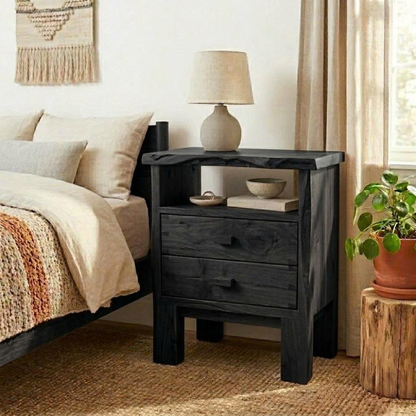 Solid Live Edge Nightstand - Rustic Table with Open Shelf and Wood Handles
