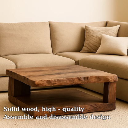 Handcrafted Solid Wood Coffee Table – Rustic Square Design with Natural Texture and Shelf Kitchnce