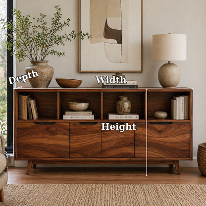 Mid Century Solid Wood Sideboard Cabinet with Drawers & Open Shelf Storage
