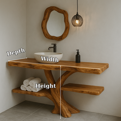 Handcrafted Solid Wood Bathroom Vanity – Natural Live Edge Design with Organic Curved Base Kitchnce