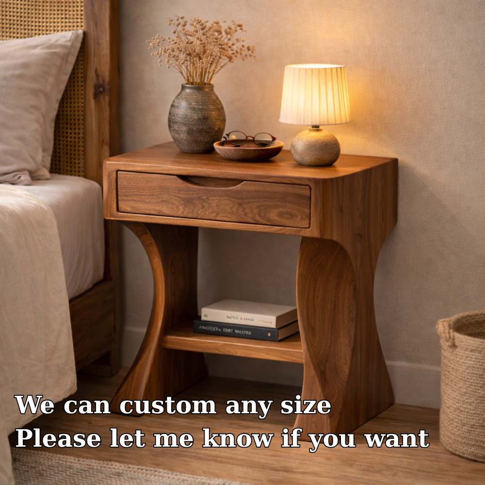 Solid Walnut Nightstand with Drawer and Shelf – Modern Curved Wood Bedside Table Kitchnce
