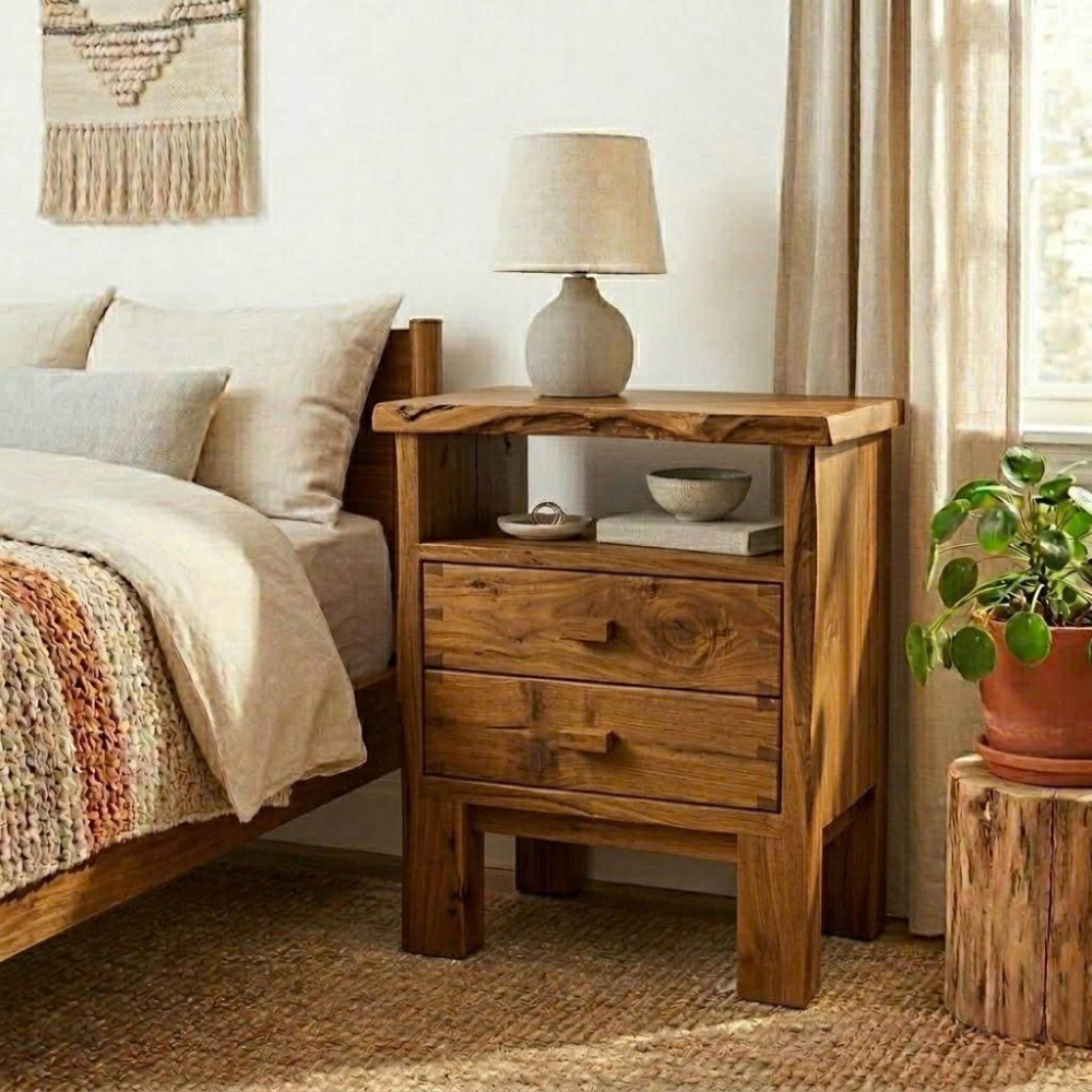 Solid Live Edge Nightstand - Rustic Table with Open Shelf and Wood Handles