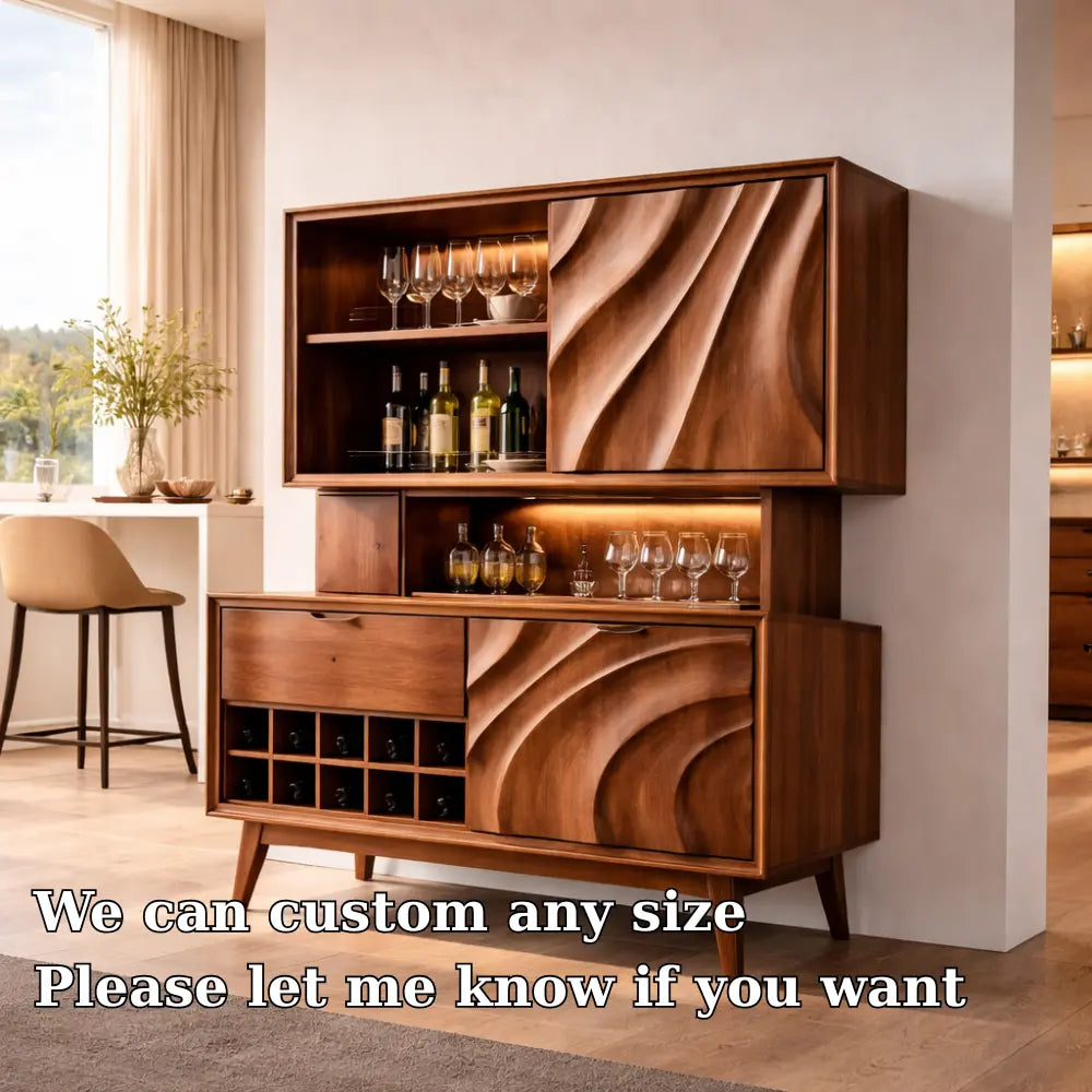 Solid Wood Bar Cabinet with Wine Rack & Sculpted Doors – Modern Mid Century Liquor Storage Kitchnce