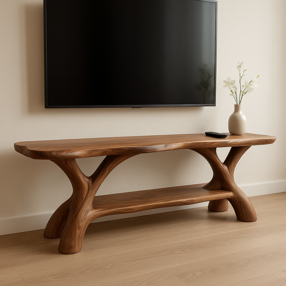 Handcrafted Solid Wood TV Stand – Sculptural Organic Design with Smooth Natural Finish Kitchnce