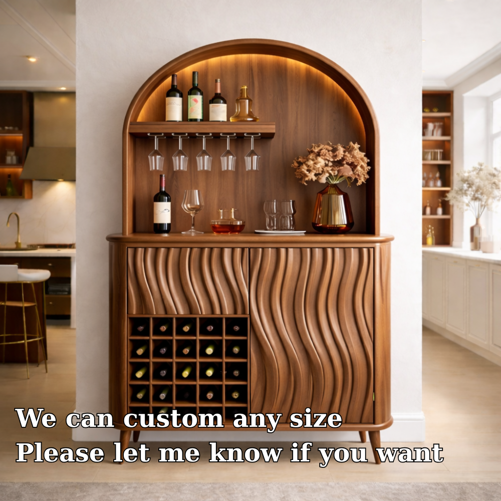 Solid Wood Bar Cabinet with Arched Display, Wine Rack & Wave Panel Doors