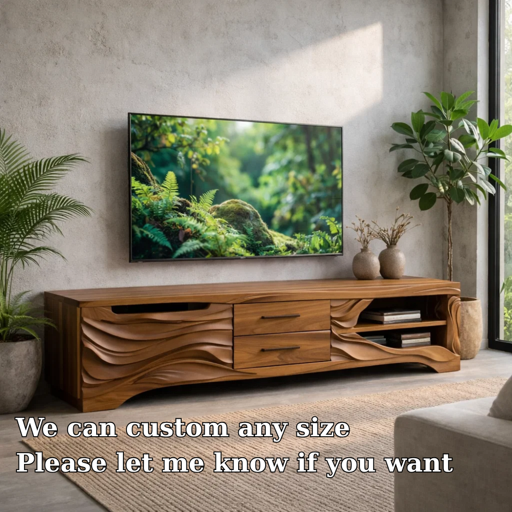 Solid Wood TV Stand with Carved Wave Front – Modern Media Console for Living Room Kitchnce