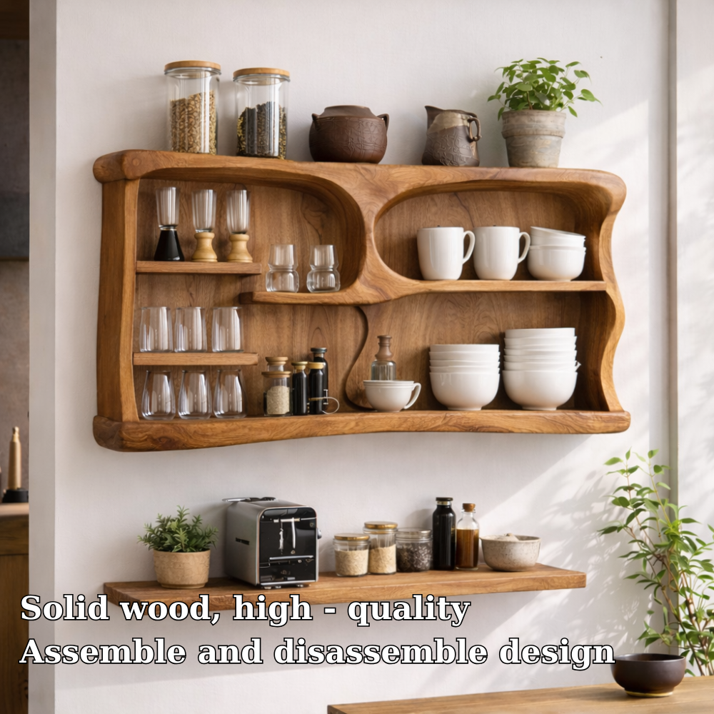 Solid Wood Kitchen Cabinet Shelf – Modern Open Wall Storage with Curved Design