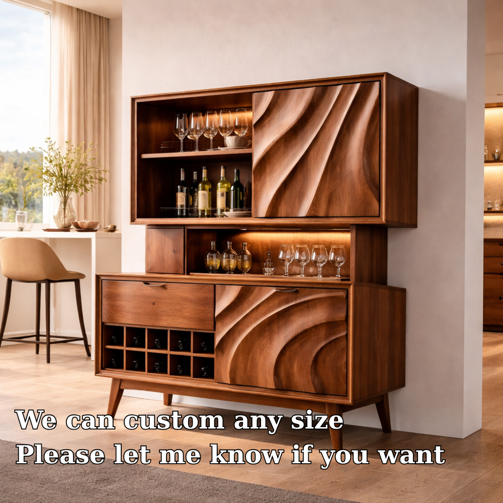Solid Wood Bar Cabinet with Wine Rack & Sculpted Doors – Modern Mid Century Liquor Storage