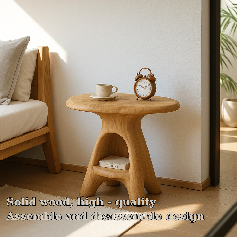 Handcrafted Solid Wood Nightstand – Sculpted Round Bedside Table with Open Storage Kitchnce