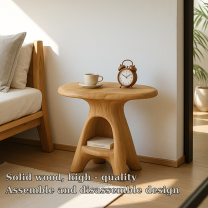 Handcrafted Solid Wood Nightstand – Sculpted Round Bedside Table with Open Storage Kitchnce