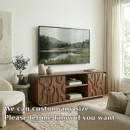 Solid Wood Media Console with Carved Doors, Modern TV Stand with Open Storage
