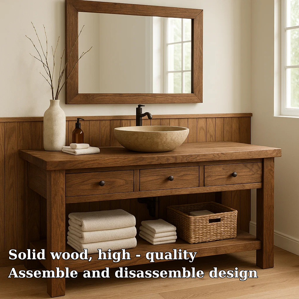 Rustic Solid Wood Bathroom Vanity with Vessel Sink – Modern Design with Storage Kitchnce
