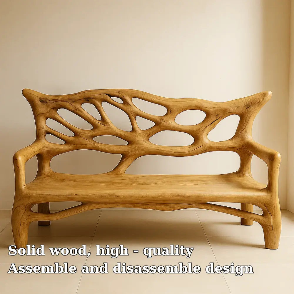 Handcrafted Solid Wood Bench – Sculptural Oak Art Bench with Organic Carved Backrest Design Kitchnce