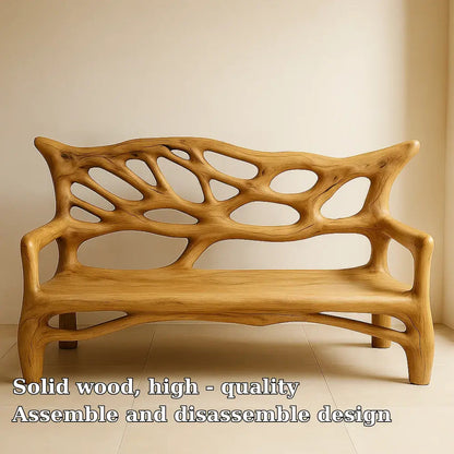 Handcrafted Solid Wood Bench – Sculptural Oak Art Bench with Organic Carved Backrest Design Kitchnce