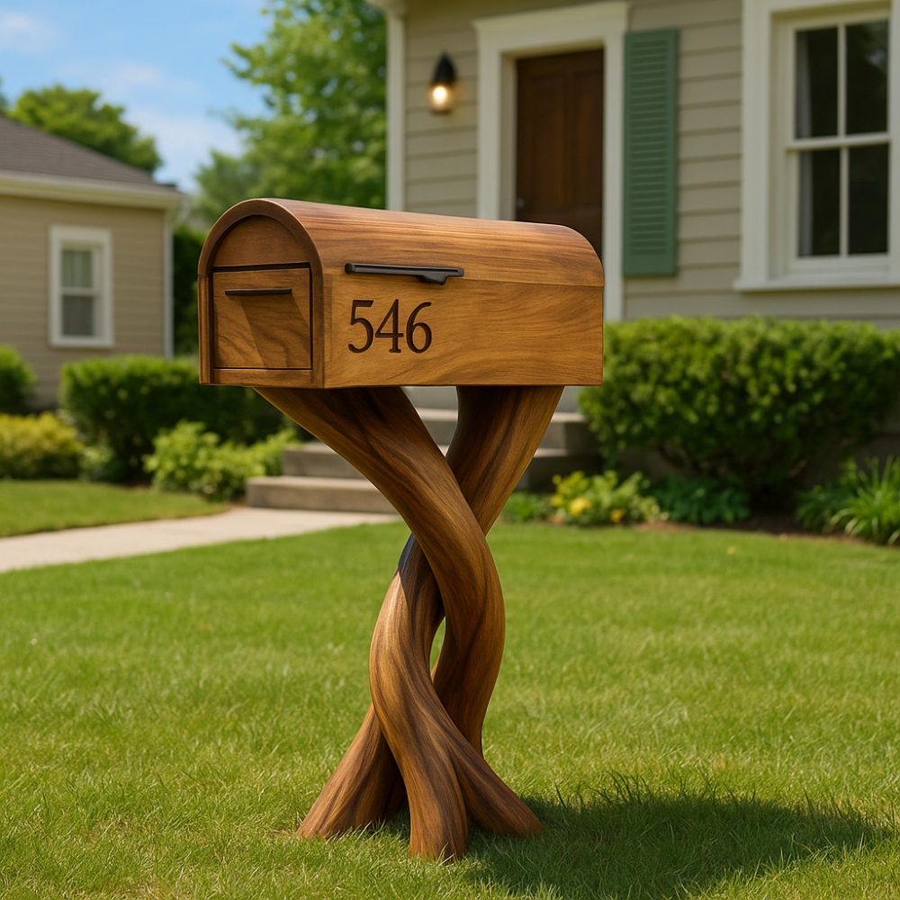 Handcrafted Solid Wood Mailbox with Sculptural Twisted Base – Outdoor Decorative Post Box Kitchnce