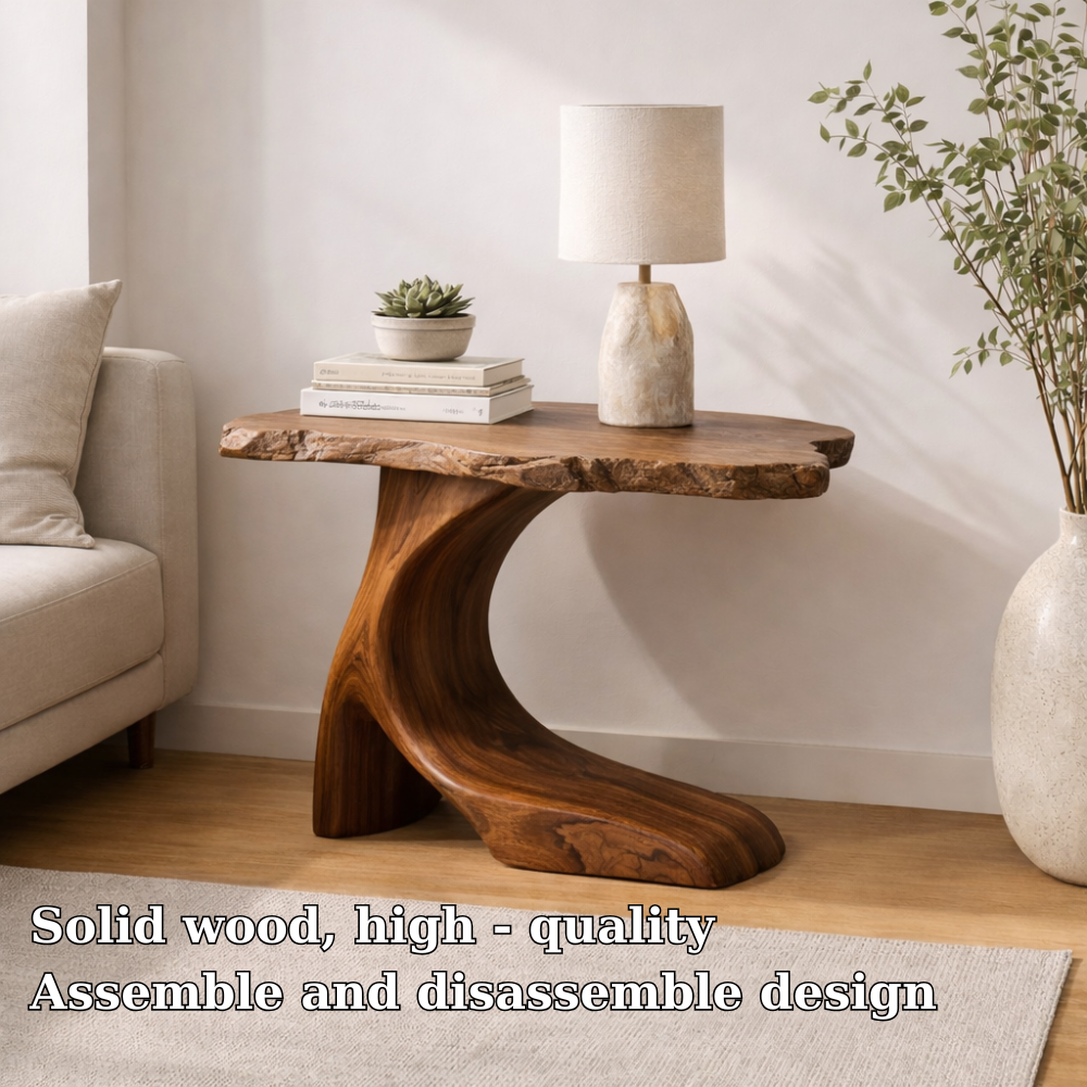 Solid Wood Live Edge End Table with Sculptural Base – Rustic Walnut Side Table