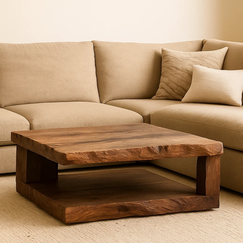 Handcrafted Solid Wood Coffee Table – Rustic Square Design with Natural Texture and Shelf Kitchnce