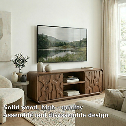 Solid Wood Media Console with Carved Doors, Modern TV Stand with Open Storage
