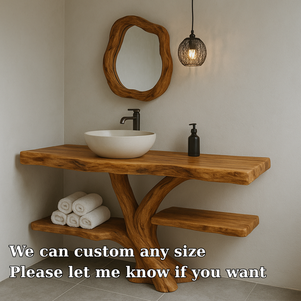 Handcrafted Solid Wood Bathroom Vanity – Natural Live Edge Design with Organic Curved Base Kitchnce