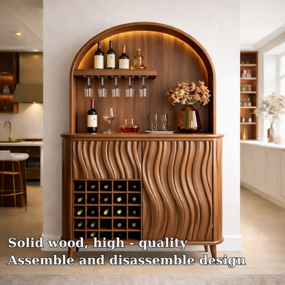 Solid Wood Bar Cabinet with Arched Display, Wine Rack & Wave Panel Doors Kitchnce