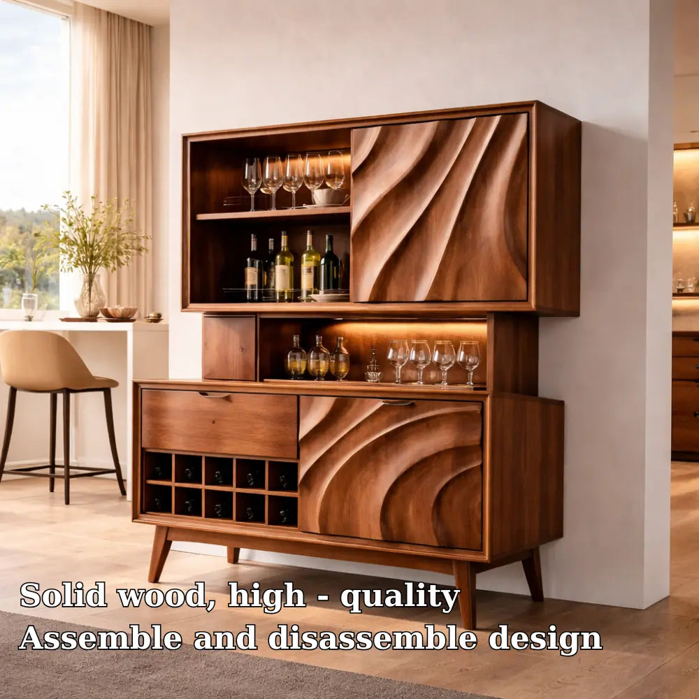 Solid Wood Bar Cabinet with Wine Rack & Sculpted Doors – Modern Mid Century Liquor Storage Kitchnce