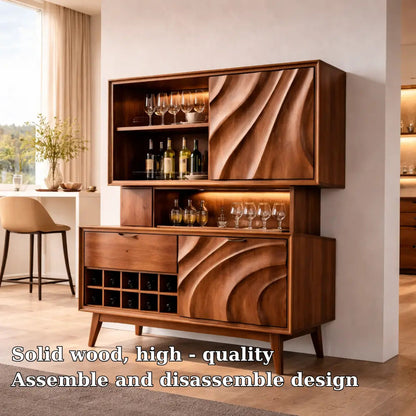 Solid Wood Bar Cabinet with Wine Rack & Sculpted Doors – Modern Mid Century Liquor Storage Kitchnce
