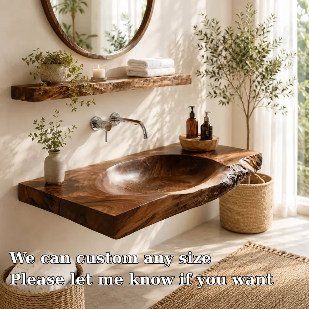 Live Edge Vanity & Shelf Set | Solid Wood Carved Sink Floating Bathroom Kitchnce