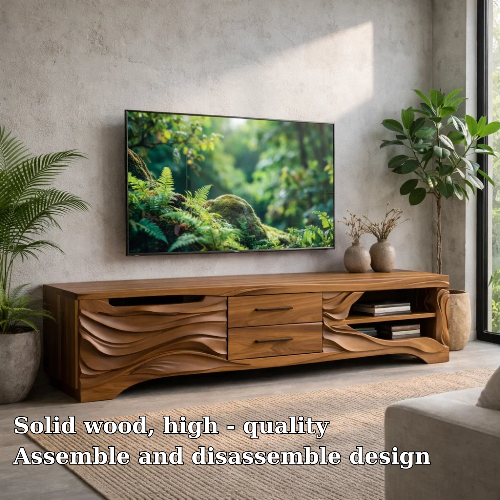 Solid Wood TV Stand with Carved Wave Front – Modern Media Console for Living Room Kitchnce