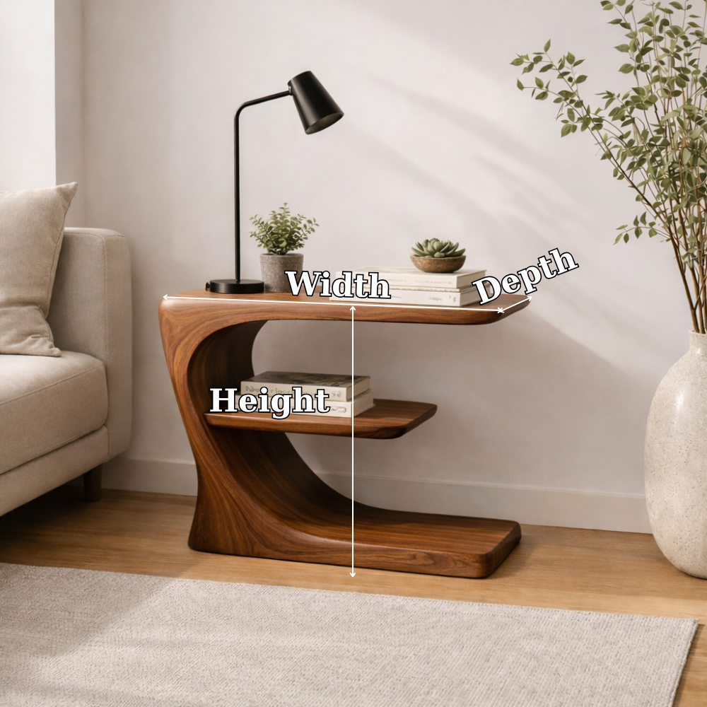 Solid Wood Curved End Table with Shelf – Modern Walnut C-Shape Side Table for Living Room Kitchnce