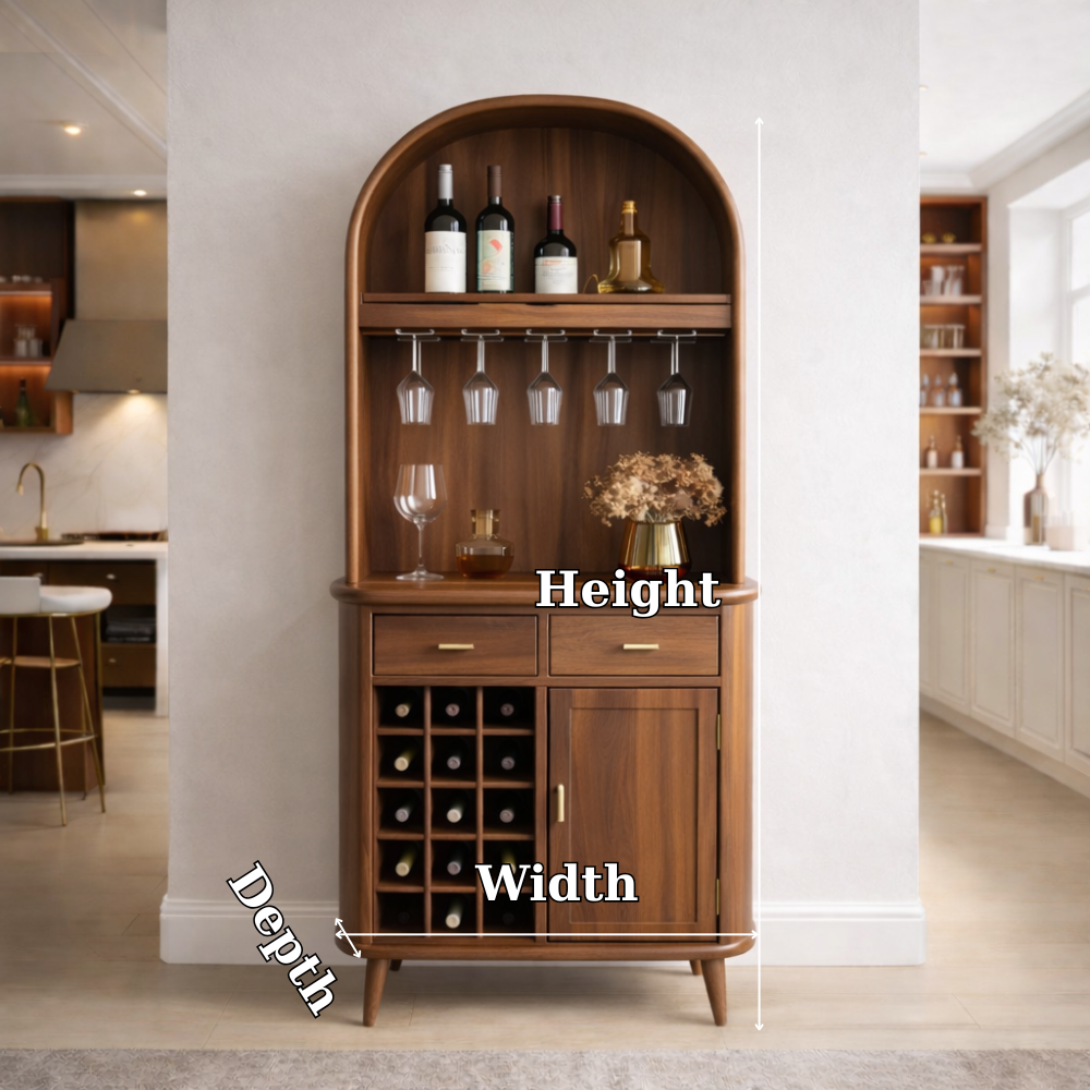 Solid Wood Arched Bar Cabinet with Wine Rack and Hanging Glass Holder