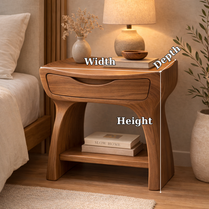 Solid Wood Nightstand with Drawer and Shelf – Modern Curved Bedside Table Kitchnce
