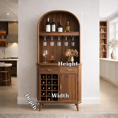 Solid Wood Arched Bar Cabinet with Wine Rack and Hanging Glass Holder Kitchnce
