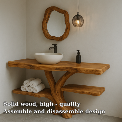 Handcrafted Solid Wood Bathroom Vanity – Natural Live Edge Design with Organic Curved Base Kitchnce