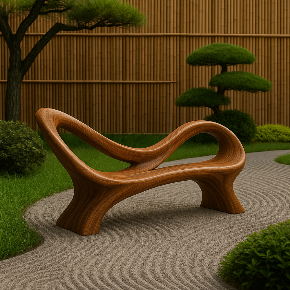 Handcrafted Solid Wood Bench with Backrest – Modern Sculptural Organic Art Furniture Kitchnce